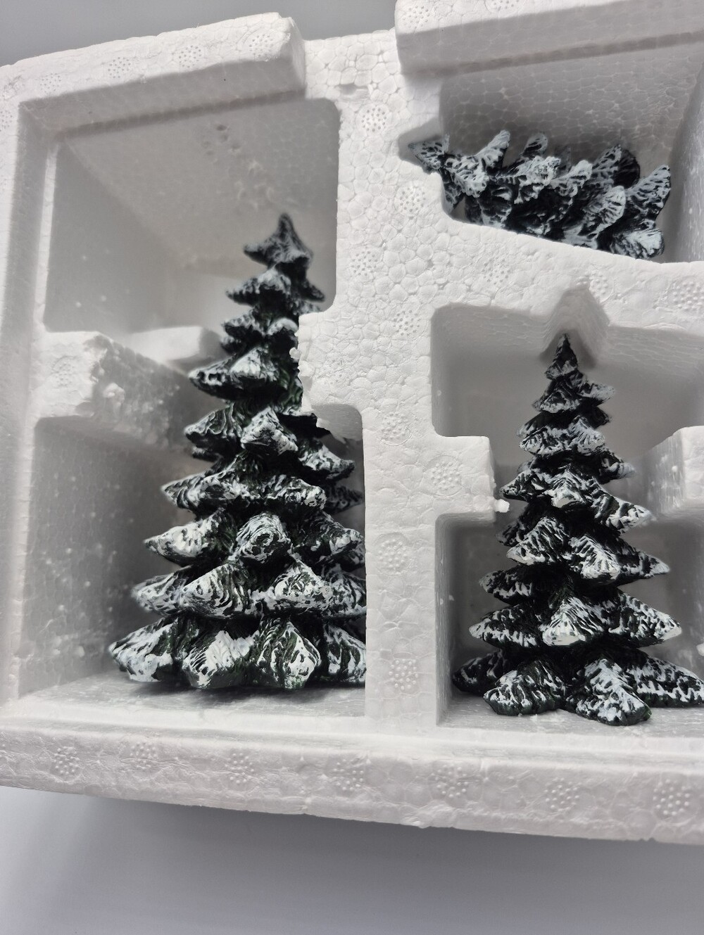 Department 56 box of three evergreen. Trees stoneware